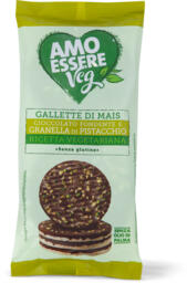 Gallette di mais ricoperte di cioccolato fondente e granella di pistacchio