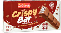 Barretta crispy bar con ripieno al latte e granella di biscotto
