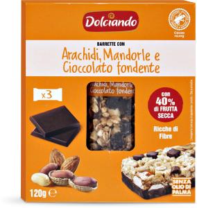 Barrette con arachidi, mandorle e cioccolato fondente