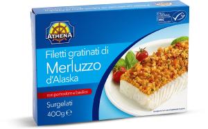 Filetti gratinati di merluzzo d'Alaska con pomodoro e basilico surgelati