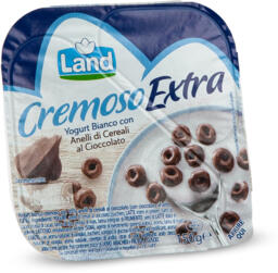Yogurt bianco con anelli di cereali al cioccolato