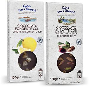 Tavoletta cioccolato fondente con limone / cioccolato al latte con pistacchio